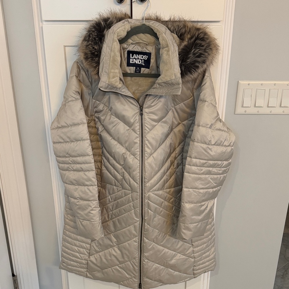 Lands' End Women's Champagne Puffer Coat with Fur Trim